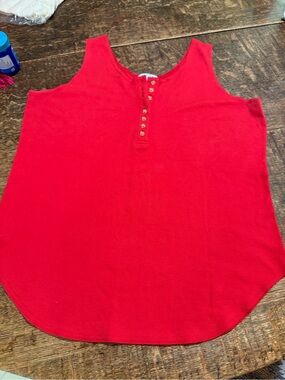 Sleeveless Red Henley Tank Top with Button Placket